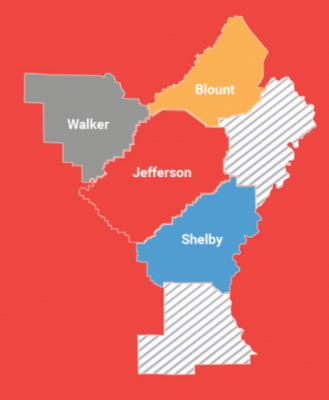 Central Alabama county map with Walker, Blount, Jefferson, and Shelby highlighted