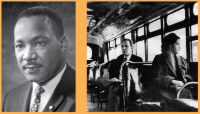 headshot of Dr. Martin Luther King, Jr. next to a photo of Rosa Parks on a bus