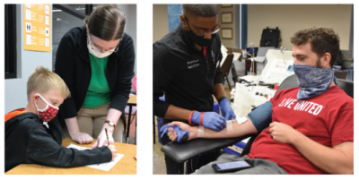 woman helping child with homework and man giving blood (2 photos side by side)