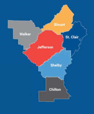 Central Alabama County map with Walker, Blount, Jefferson, St. Clair, Shelby, and Chilton highlighted