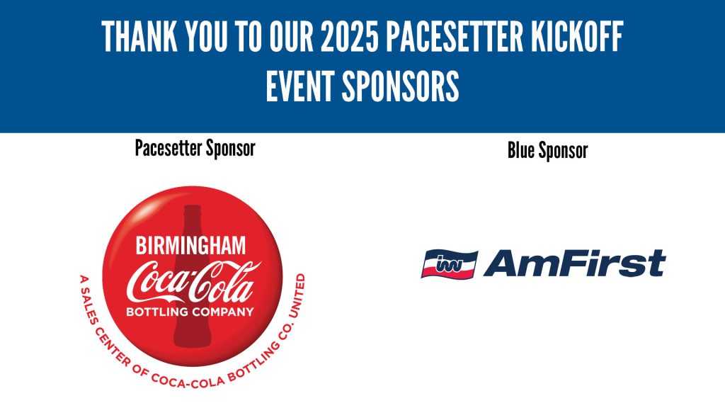 Graphic thanking 2025 Pacesetter Kickoff event sponsors. Features Birmingham Coca-Cola Bottling Company as Pacesetter Sponsor with a red circular logo and AmFirst as Blue Sponsor with a blue and red logo.