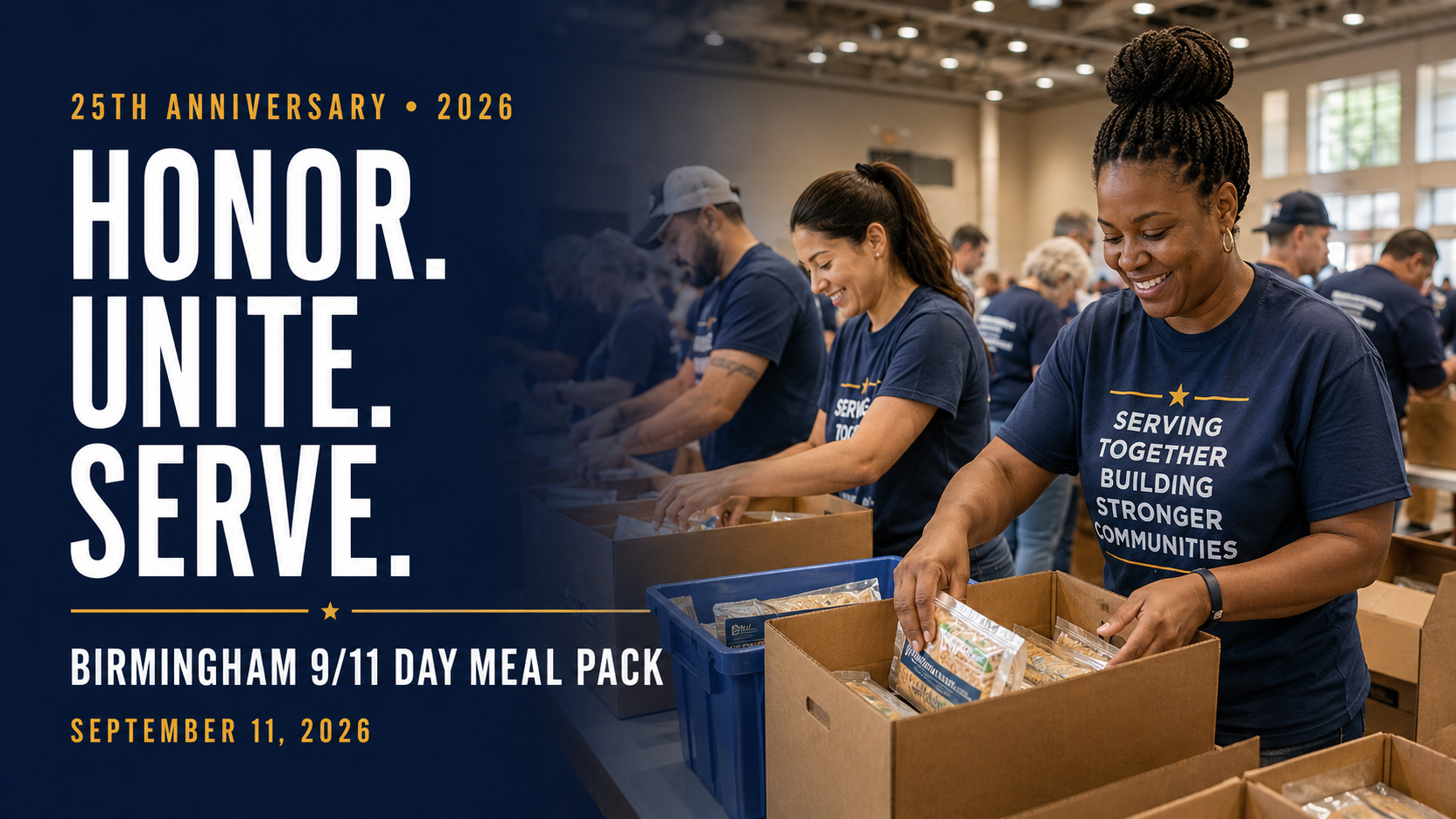 Volunteers pack meals beside text reading “Honor. Unite. Serve. Birmingham 9/11 Day Meal Pack, September 11, 2026.