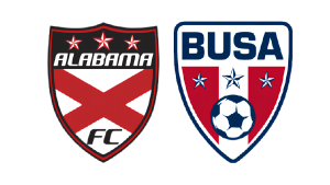 Alabama FC and Birmingham United Soccer Association (BUSA) logos displayed side by side.