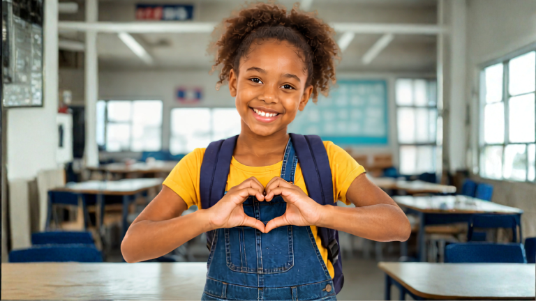 Young student wearing a yellow shirt and backpack forms a heart shape with her hands while smiling in a classroom, representing hope, support, and community involvement for the UWCA Back to School campaign.