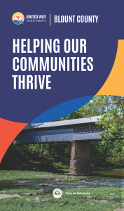 **Alt text:** Cover of United Way of Central Alabama’s Blount County brochure, “Helping Our Communities Thrive,” featuring a covered bridge over a creek.
