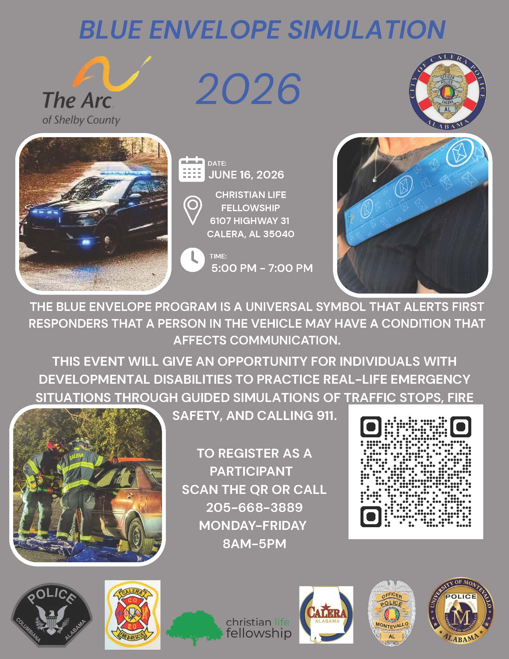 Join the Blue Envelope Simulation 2026 on June 16 in Calera, Alabama. Individuals with developmental disabilities can practice real-life emergency situations through guided traffic stop, fire safety, and 911 simulations.