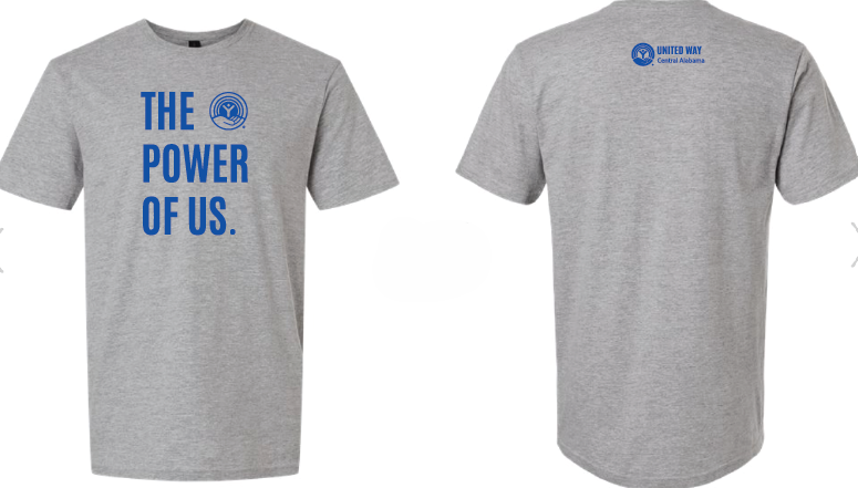 Front and back views of a heather gray United Way of Central Alabama campaign T-shirt featuring the "The Power of Us." design in blue on the front and the United Way logo on the upper back.