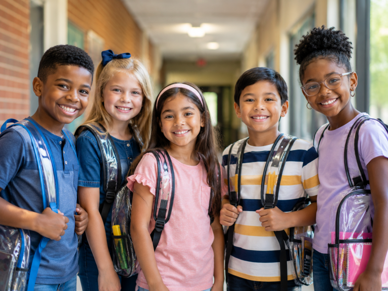 Happy kids in school hallway