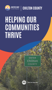 Cover of United Way of Central Alabama’s Chilton County brochure, “Helping Our Communities Thrive,” featuring a sign that reads "entering Chilton County" before a wooded hillside.