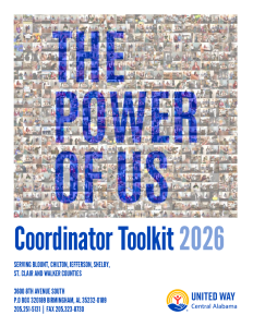 2026 United Way of Central Alabama Coordinator Toolkit cover featuring “The Power of Us” over a collage of community photos