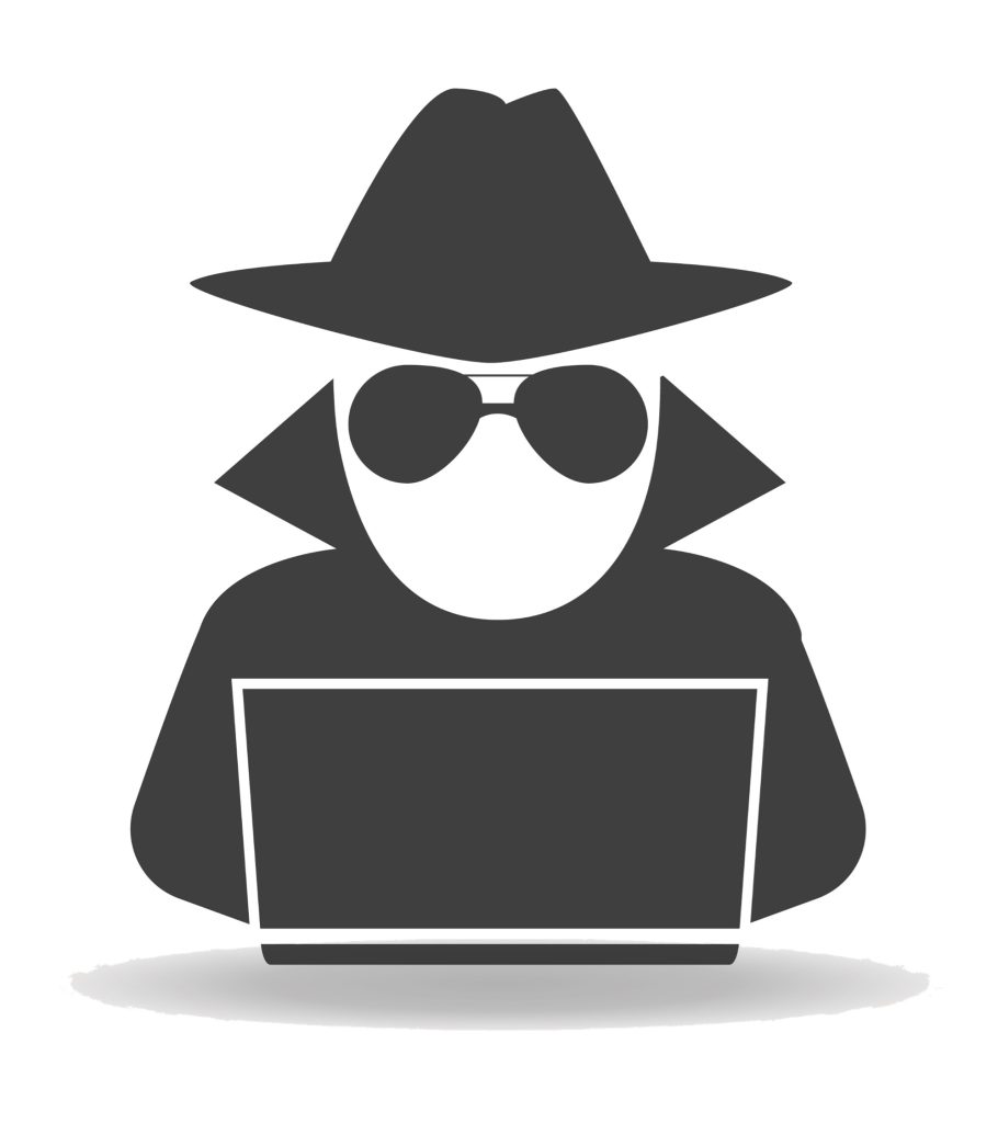 illustration of a suspicious character in glasses and a trench coat at a computer