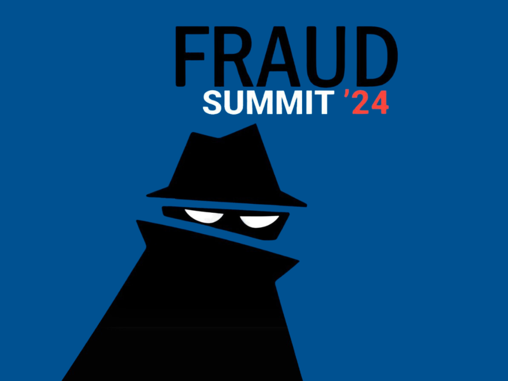 a blue square with the black silhouette of a masked figure in a hat and trench coat and the words "Fraud Summit '24"