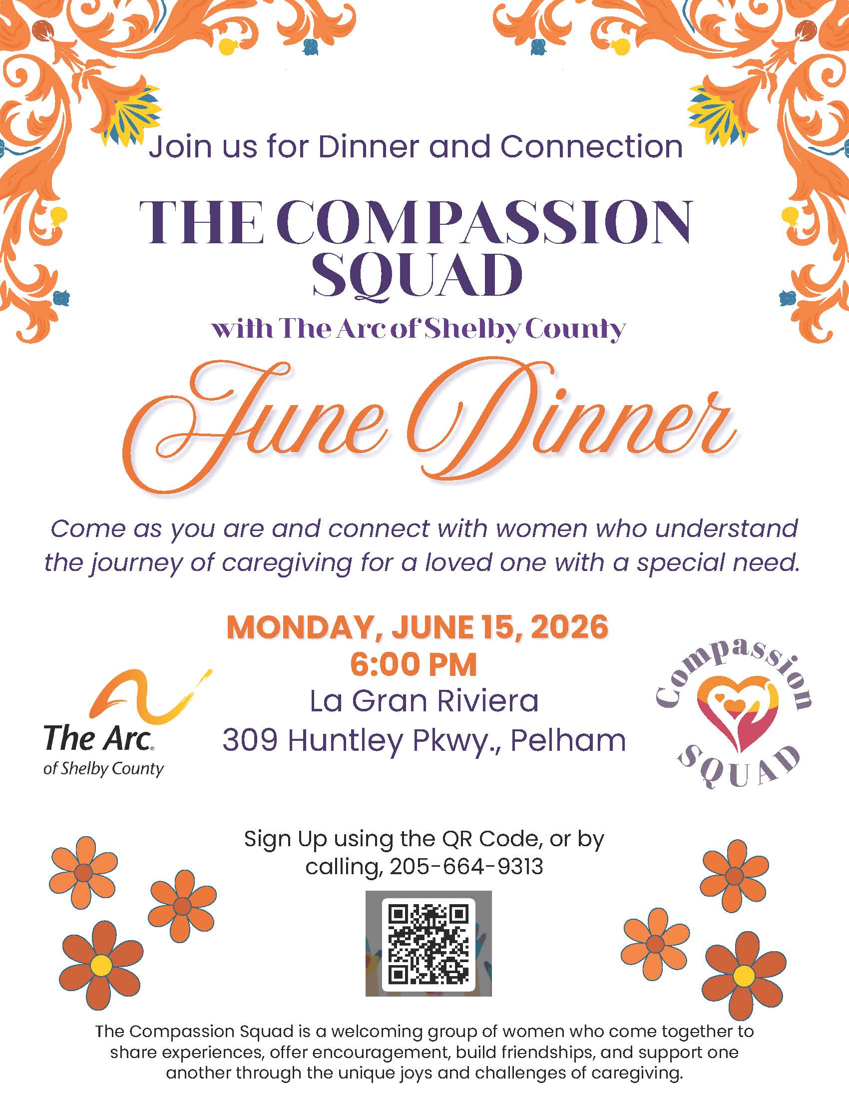 Join The Arc of Shelby County's Compassion Squad June Dinner on June 15 in Pelham. Connect with fellow caregivers for encouragement, friendship, and support.
