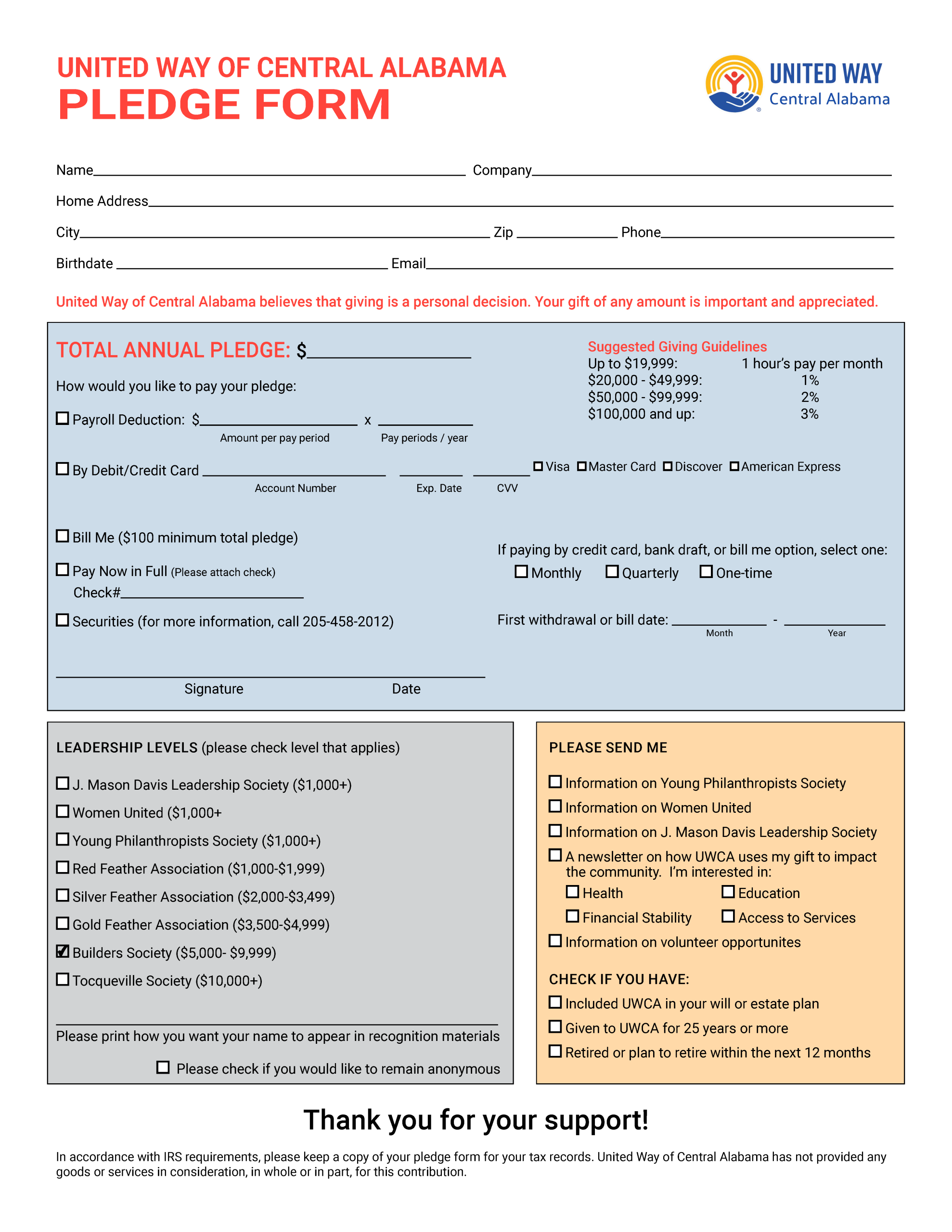 United Way of Central Alabama pledge form with donor contact information fields, annual pledge amount section, payment options, leadership giving levels, and donor interest checkboxes.