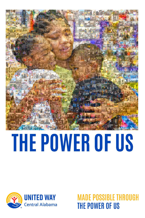 Poster for the United Way of Central Alabama 2026 "Power of Us" campaign showing a woman and two children embracing.