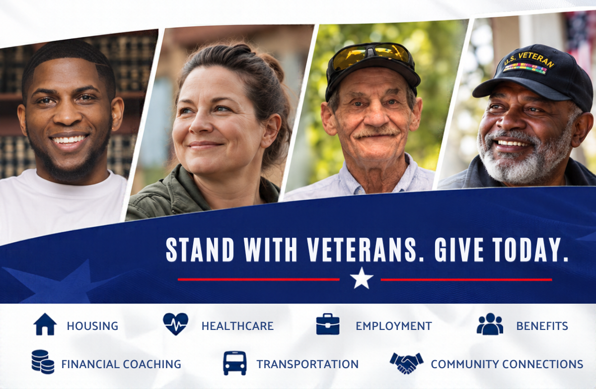 Veterans Day campaign graphic featuring four Veterans with the message “Stand with Veterans. Give Today.” Priority Veteran provides support with housing, healthcare, employment, benefits, financial coaching, transportation and community connections.