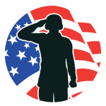Priority Veteran Logo featuring a silhouette of a saluting service member in front of a circular red, white and blue American flag