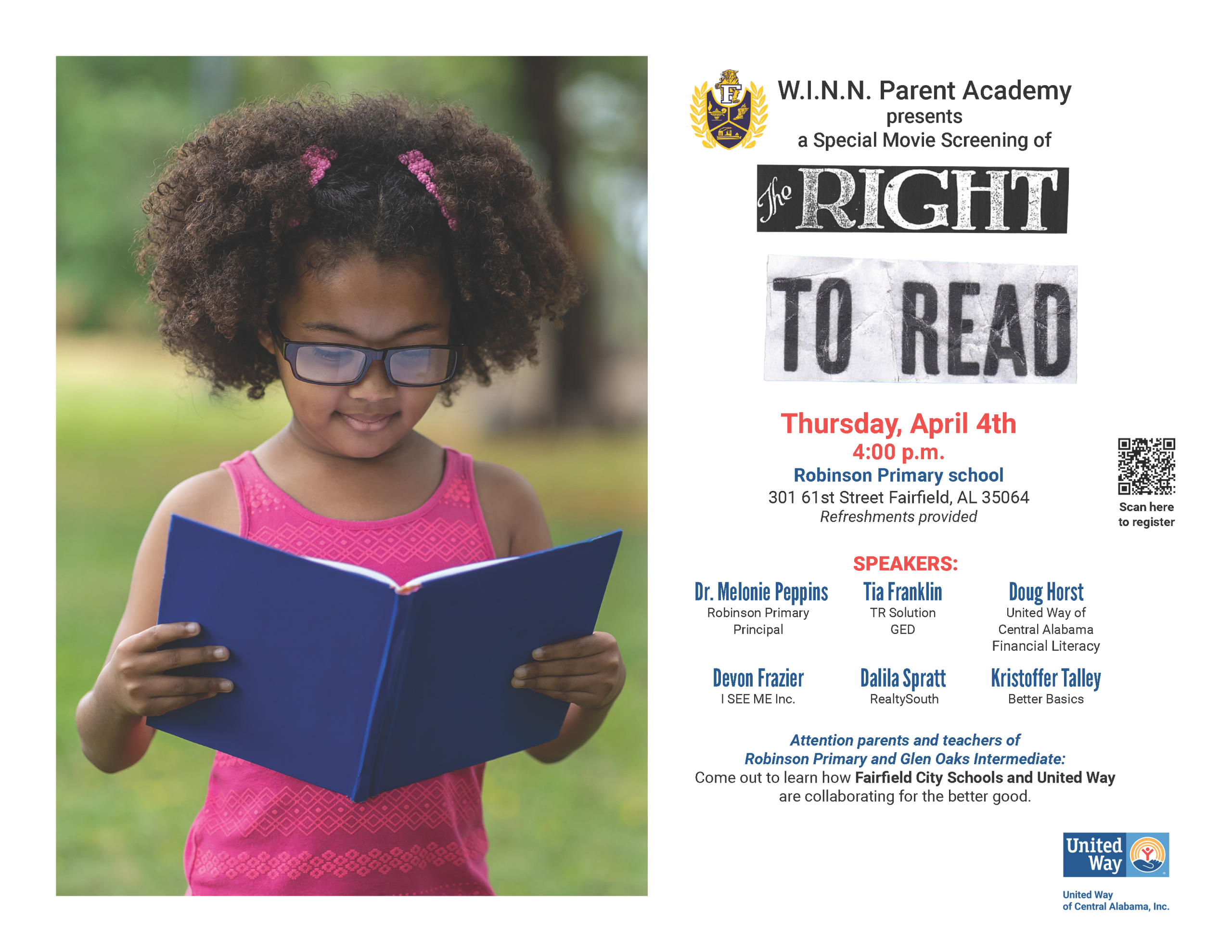 W.I.N.N. Parent Academy presents a Special Movie Screening of Attention parents and teachers of Robinson Primary and Glen Oaks Intermediate: Come out to learn how Fairfield City Schools and United Way are collaborating for the better good.