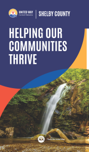 Cover of United Way of Central Alabama’s Shelby County brochure, “Helping Our Communities Thrive,” featuring a waterfall cascading over rocks into a pool.
