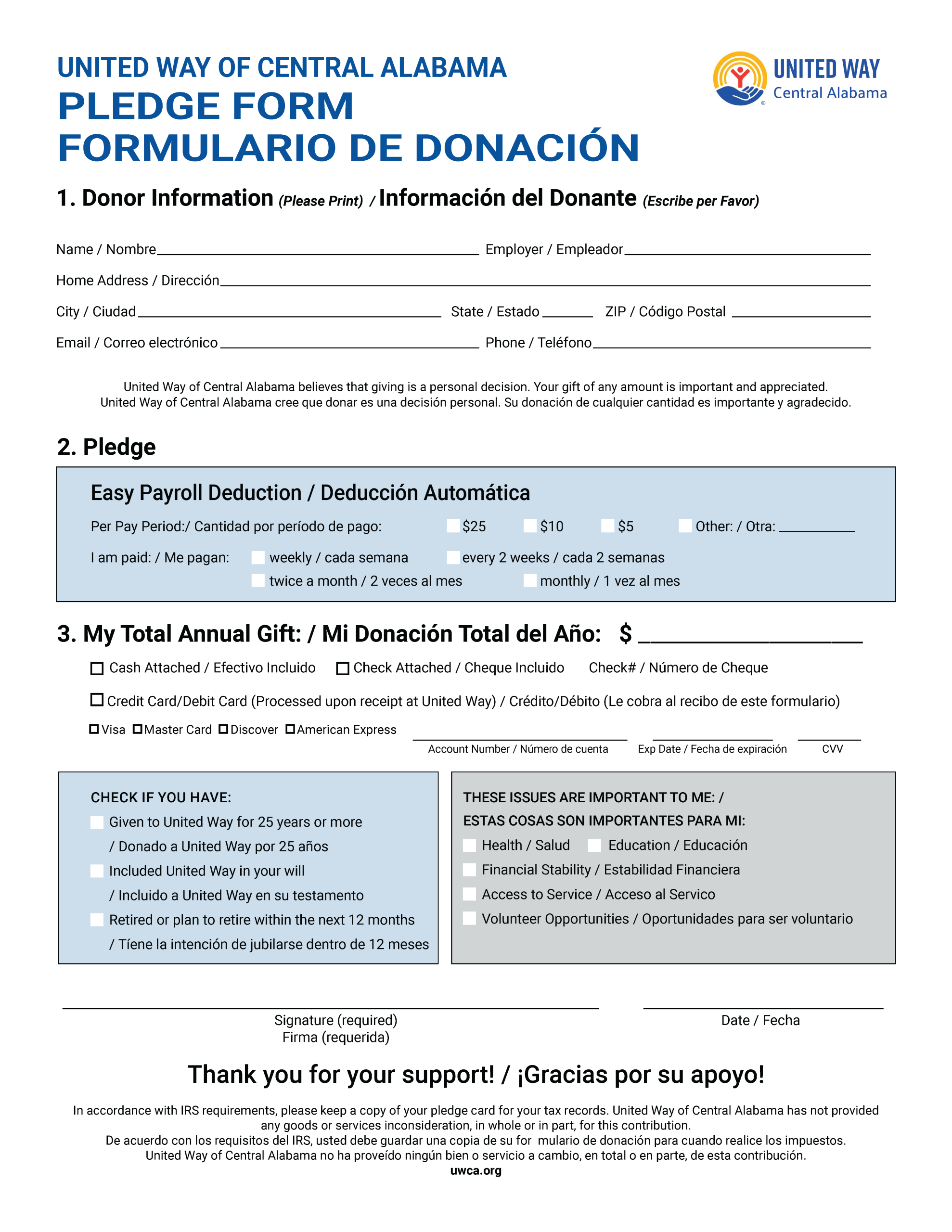 United Way of Central Alabama pledge form in Spanish.