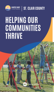 Cover of United Way of Central Alabama’s St. Clair County brochure, “Helping Our Communities Thrive,” showing volunteers working on a playground swing set.