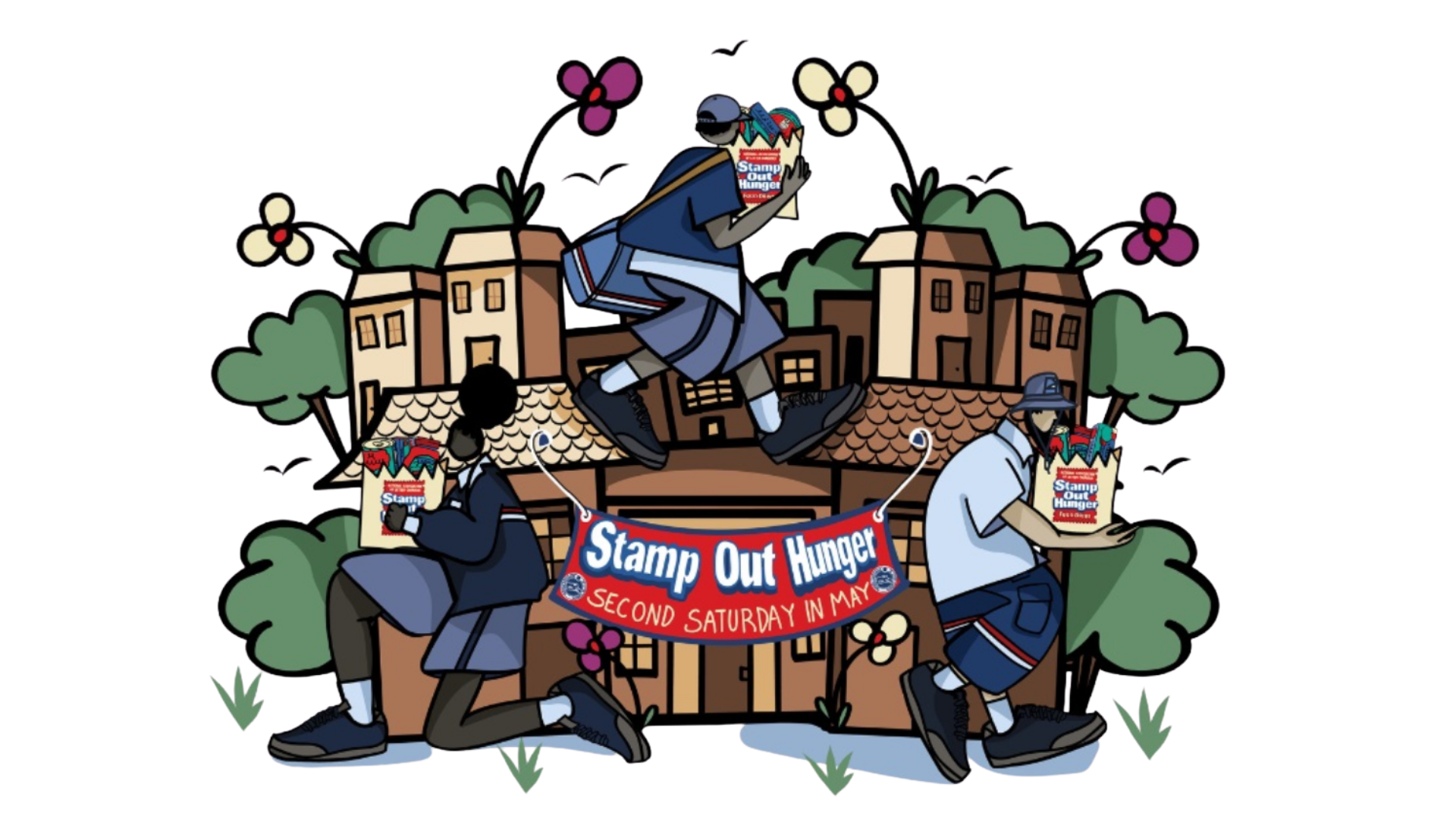 Illustration of postal workers collecting food donations for the Stamp Out Hunger food drive, with a banner reading “Stamp Out Hunger – Second Saturday in May” in a neighborhood setting.