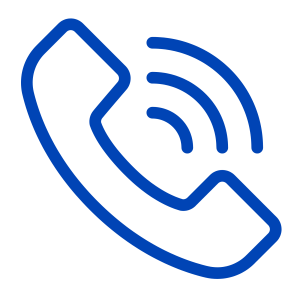Blue line icon of a telephone receiver with sound waves, representing phone calls or contact by phone.