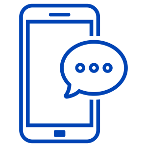 Blue line icon of a mobile phone with a speech bubble, representing text messaging or mobile communication.