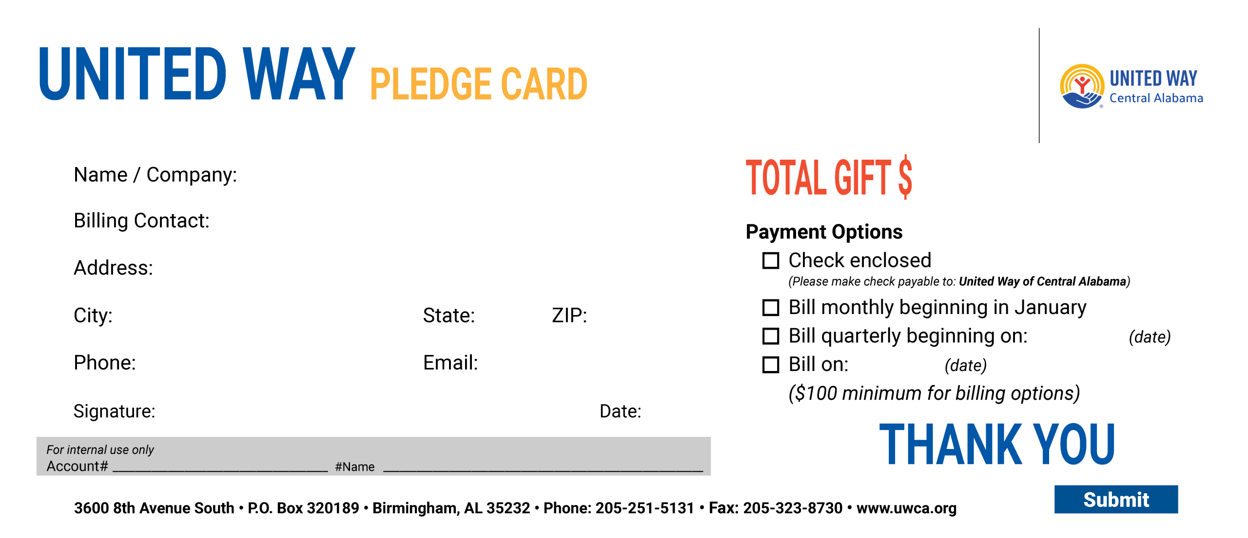 United Way corporate pledge card for corporate giving