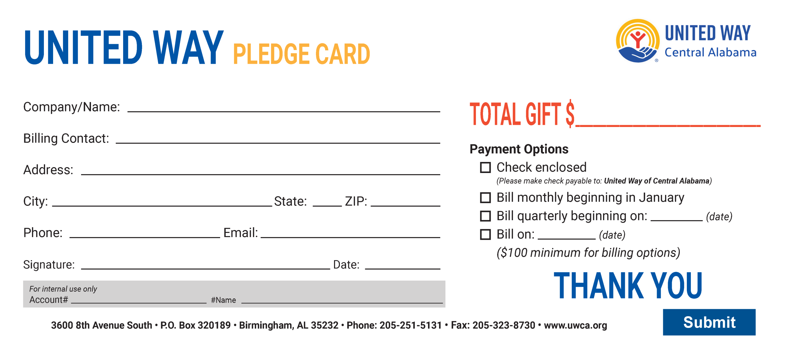 United Way pledge card for individual donors