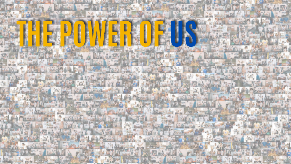 Zoom background image showing United Way 2026 Power of Us Campaign photo mosaic with the words "The Power of Us" in gold and blue lettering in the upper left.