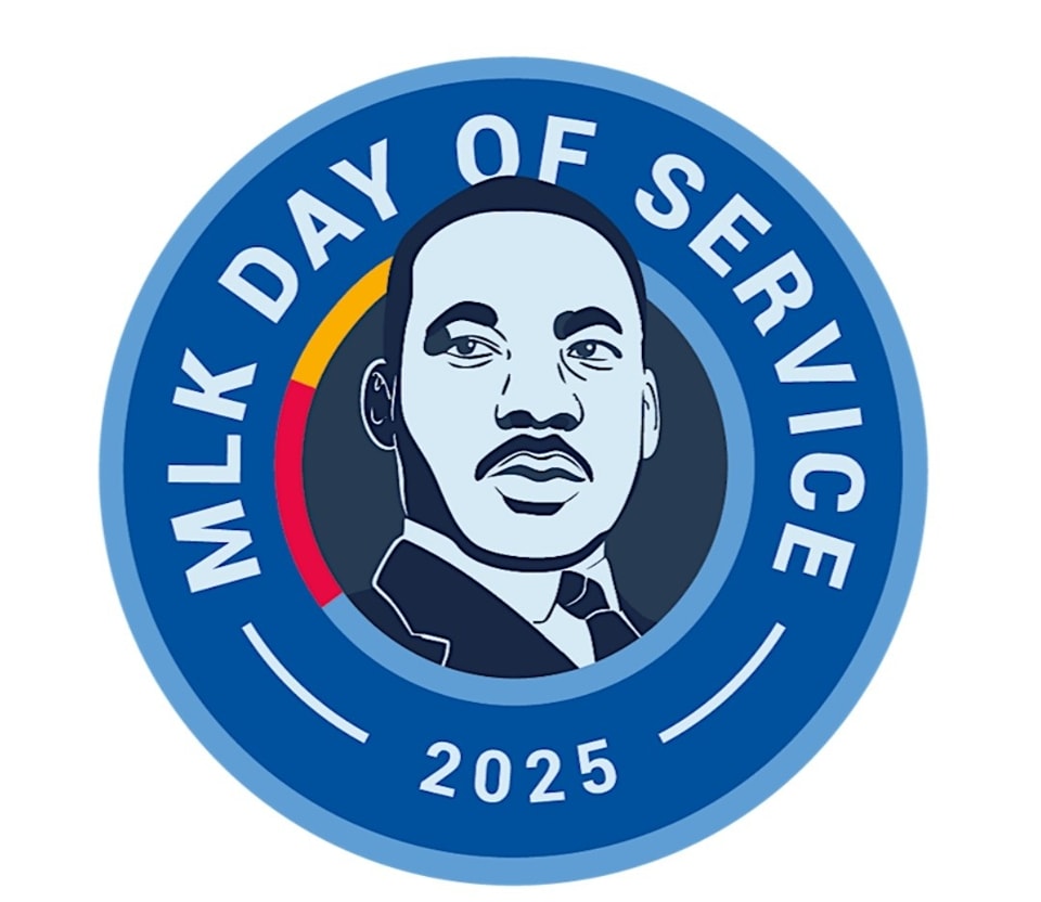 blue circular emblem with a portrait of Martin Luther King, Jr and the words "MLK Day of Service 2025"