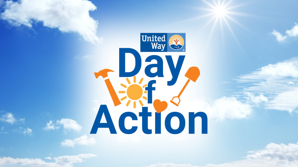 United Way Day of Action graphic with the words Day of Action in blue letters on a sunny blue sky background