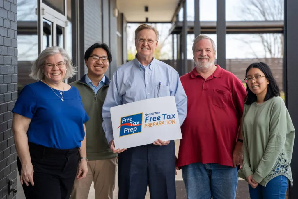 Five United Way Free Tax Preparation volunteers pose together, with one holding a Free Tax Prep sign.