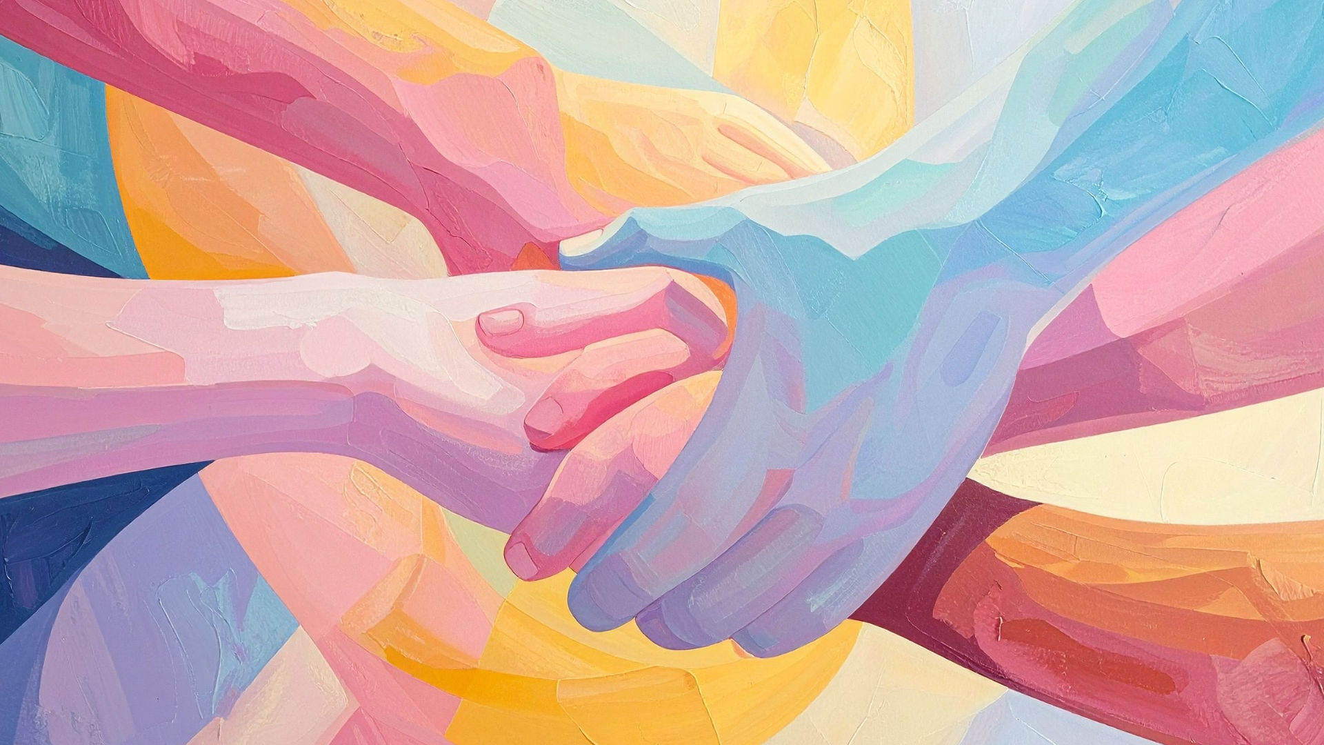 Abstract painting of four hands clasped together in unity, rendered in bold strokes of pastel pink, blue, yellow, and orange tones, symbolizing connection and community.