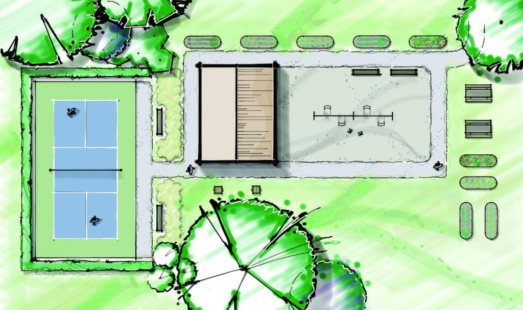 An artist's depiction of an aerial view of a United Way of Central Alabama Centennial Park. The drawing shows a green park with a pickleball court, outdoor classroom, trees, and green space.