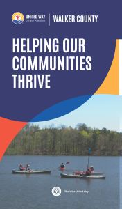 Cover of United Way of Central Alabama’s Walker County brochure, “Helping Our Communities Thrive,” showing people kayaking on a lake.