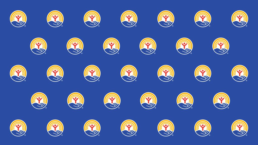 Pattern of multicolored United Way Circle of Hope logos on a dark blue background.