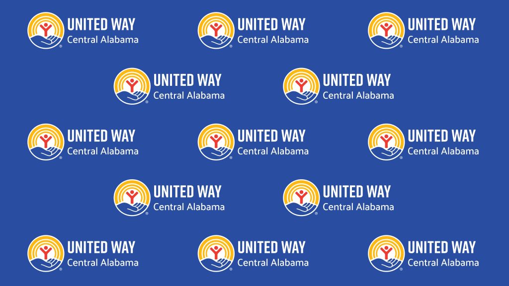 Pattern of United Way of Central Alabama logos on a dark blue background.