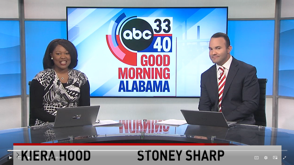 screenshot of an ABC 33/40 Good Morning Alabama boradcast with anchors Kiera Hood and Stoney Sharp