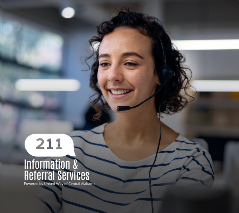 A smiling 211 call specialist wearing a headset, with text reading “Call 211. Help Starts Here.” and “Free, confidential help in 180+ languages. All day, every day.” The image promotes 211 Information & Referral Services powered by United Way of Central Alabama.